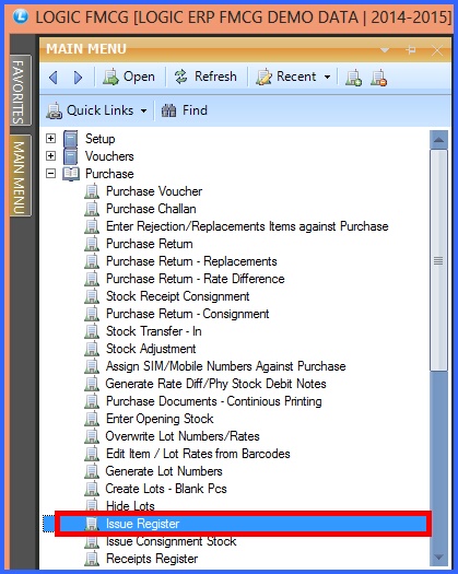 fmcg issue register menu